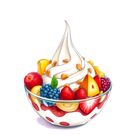 Fruit salad in glass bowl with ice cream and berries. Vector illustration.の素材