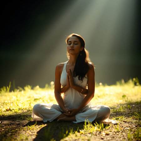 Young beautiful woman practicing yoga in the park at sunset. Yoga concept.の素材