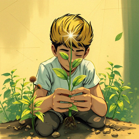Young boy holding a seedling in his hands. Vector illustration.の素材