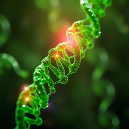 Digital illustration DNA structure in colored background with light effects. 3D renderingの素材