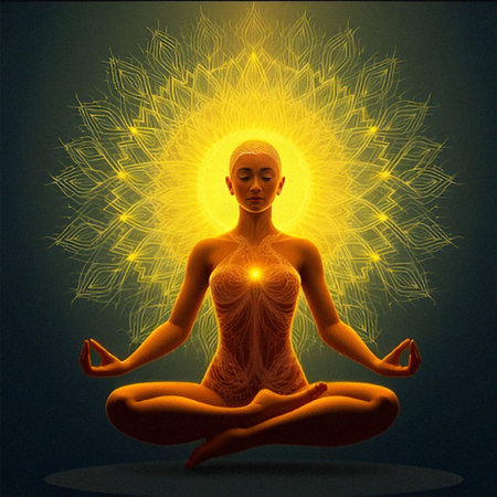 Beautiful woman meditating in lotus pose on the background of the sunの素材