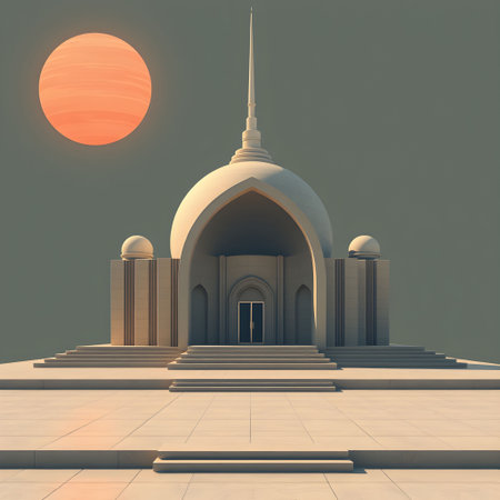 3D Render of an Ancient Temple with Full Moon in the Backgroundの素材
