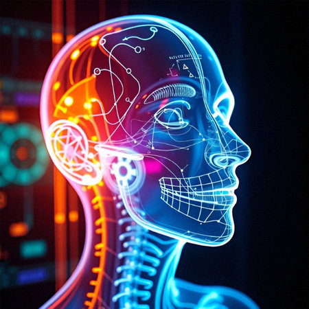 Human head with glowing brain. 3D illustration. Science and technology concept.の素材