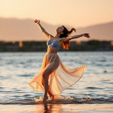 Young beautiful woman dancing on the beach at sunset. Girl in a long dress dancing on the beach.の素材