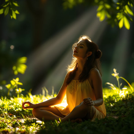 Beautiful young woman meditating in the garden. Yoga concept.の素材