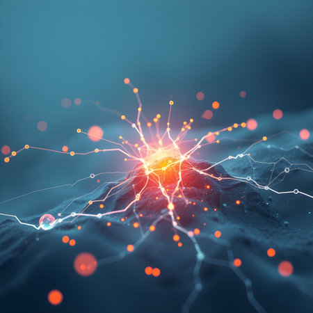 3d rendering of neuron cell and neurons in connection with dots and linesの素材