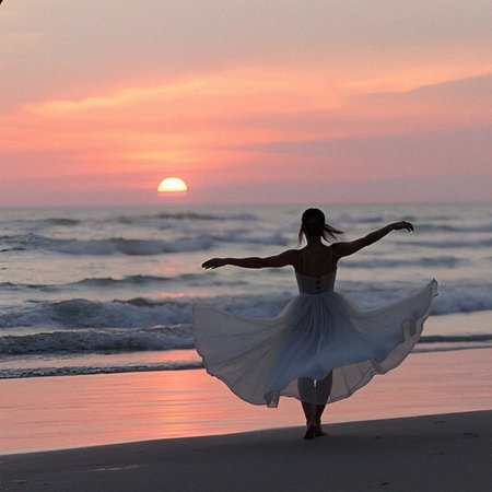 Silhouette of a beautiful woman dancing on the beach at sunsetの素材