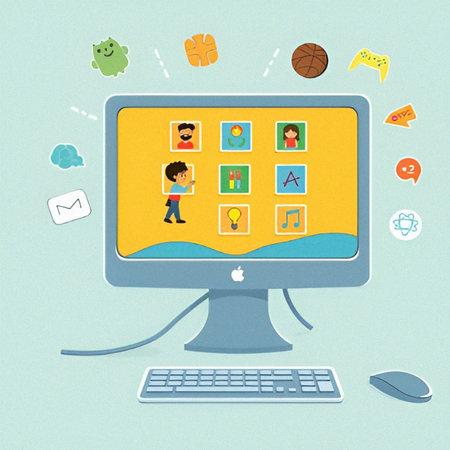 Computer screen with social media icons. Social media concept. Vector illustration.の素材