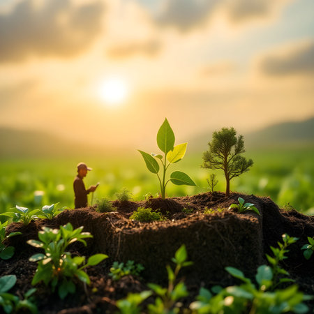 Plant seedling in soil with sunset light background, Eco conceptの素材