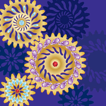 Precious mechanism. Background with gears with gems