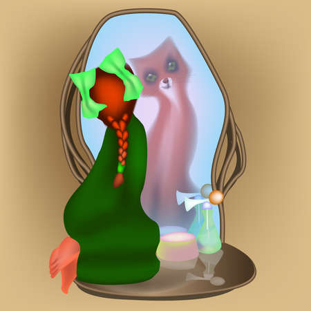 witch looking in the mirror and sees a foxのイラスト素材