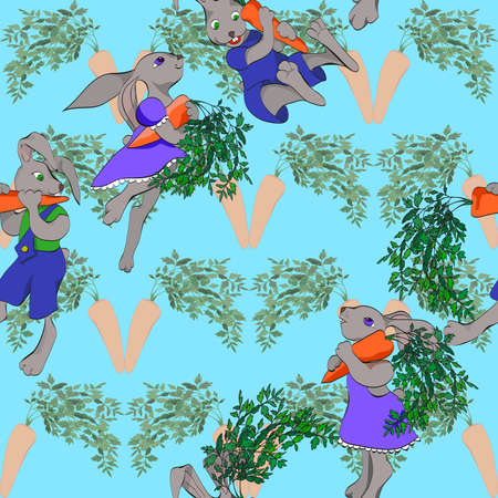 Cartoon rabbits and carrots on seamless  backgroundのイラスト素材
