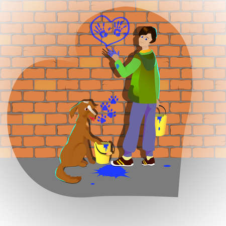 Boy and dog draw hands and feet painted on a brick wall illustranionのイラスト素材