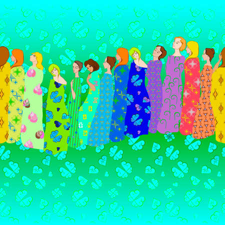 Girls Draped patterned fabrics border and seamless pattern in rainbow colorsのイラスト素材