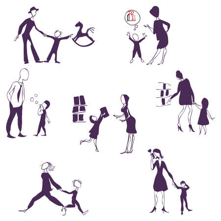 child and parent in the store set with ink picturesのイラスト素材