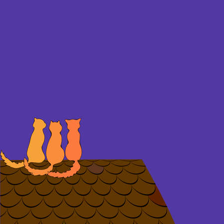 Three cat sitting on the rooof at night, illustrationのイラスト素材
