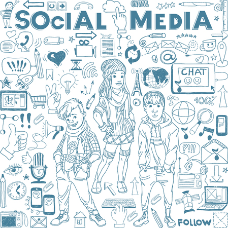 Hand drawn illustration set of social media sign and symbol doodles elements. Group of modern teenagers.のイラスト素材