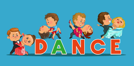 Funny cartoon couple dancing the waltz and tango. Isolated objects.のイラスト素材