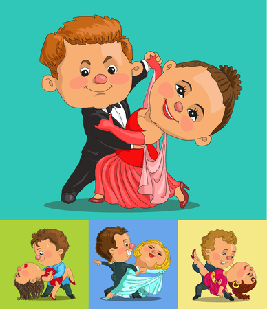 Funny cartoon couple dancing the waltz and tango. Isolated objects.のイラスト素材