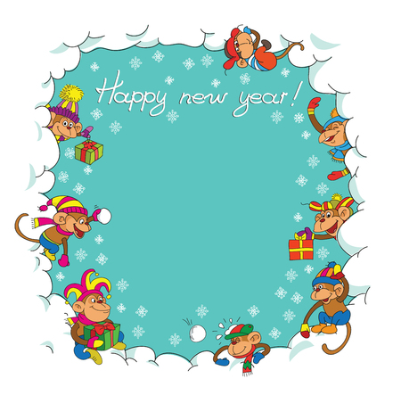 Card. Cartoon. Funny monkeys frolic in the snow.のイラスト素材