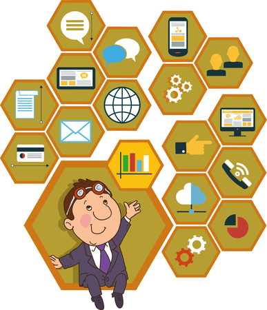 Cartoon man on the background of the honeycomb structure with interface icons.のイラスト素材