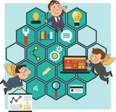 Hard Working people cartoon icons SEO optimization concept on the background of the honeycomb structure.のイラスト素材