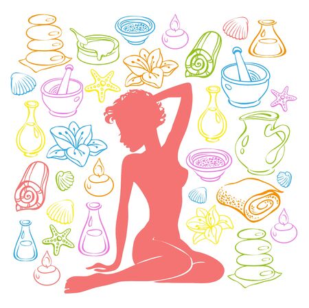 Beauty girl silhouette and items for spa treatments.のイラスト素材