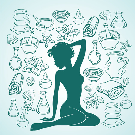 Beauty girl silhouette and items for spa treatments.のイラスト素材