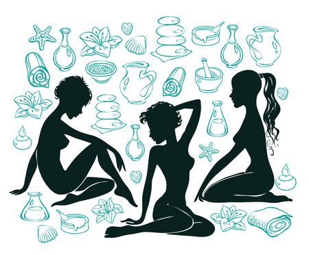 Beauty girl silhouette and items for spa treatments.のイラスト素材