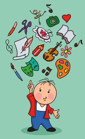 Cartoon boy with icons education and the arts. のイラスト素材
