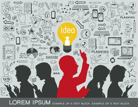 silhouettes of people on a background of business icons. のイラスト素材