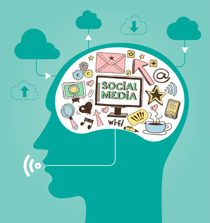 silhouette of a man's head with a hand drawing network icons. Concept of communication in the networkのイラスト素材