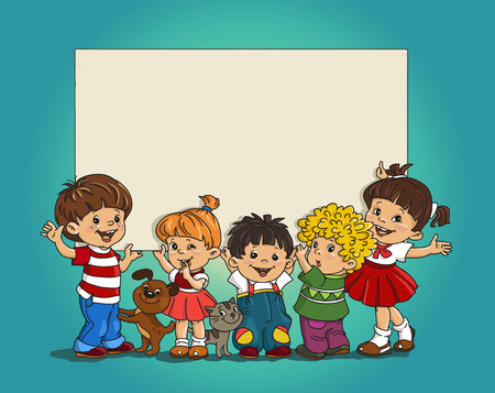 Cartoon group of merry children hold the large sheet  paper.のイラスト素材