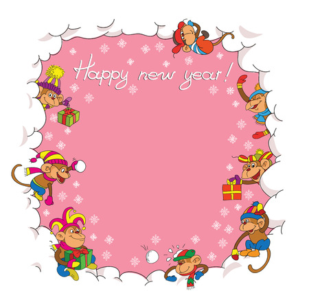 Card. Cartoon. Funny monkeys frolic in the snow. On a pink background.のイラスト素材