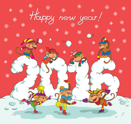 Cute winter chinese new year card with cute cartoon monkey and 2016 figures. On a pink background.のイラスト素材