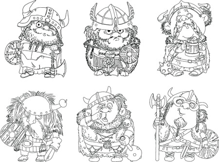 Characters. Isolated objects. Vector Cartoon funny vikings coloring. Made black outline.のイラスト素材