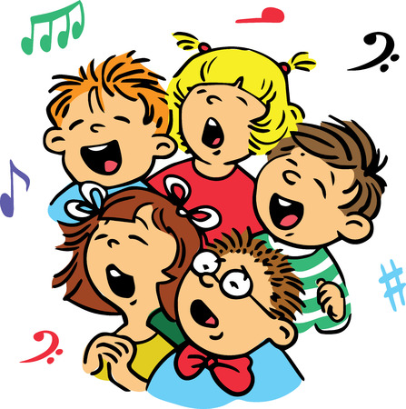 Hand drawn. Vector illustration. Group of children singing in unison a song.のイラスト素材
