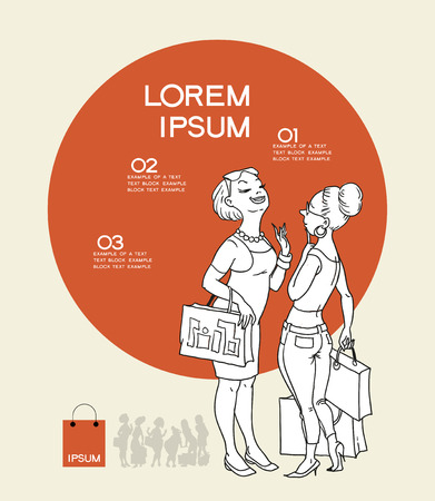 Infographics background shopping. Cartoon girls on the background of the circle and the textのイラスト素材