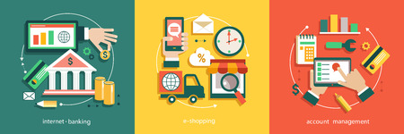Flat vector illustration of bisines idea, banking system, tnternet banking,  e-shopping, accounting.のイラスト素材