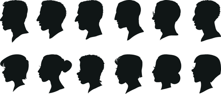 Portraits of men and women in profile, isolated silhouettes. Set of vector illustrations.のイラスト素材