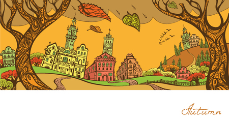 Vector illustration. Autumn town. Graphic drawing by hand. Decorative card.のイラスト素材