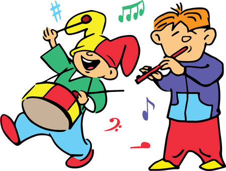 Hand drawn. Vector illustration. Children playing on a drum and flute at the carnival. Isolated objects.のイラスト素材