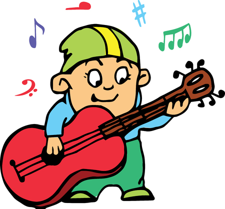 Hand drawn. Vector illustration. Little boy playing guitar. Isolated objects.のイラスト素材