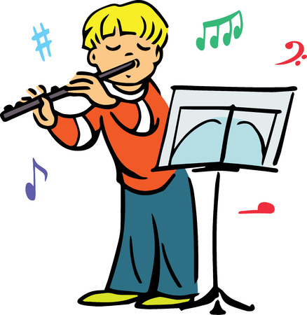 Hand drawn. Vector illustration. Boy playing the flute and looking at notes. Isolated objects.のイラスト素材