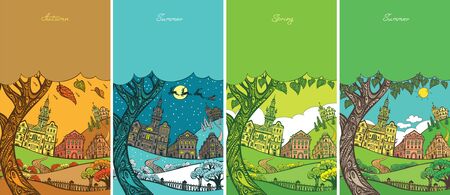 Seasons. Autumn, Winter, Spring, Summer. Vector illustration. Graphic drawing by hand. Decorative card.のイラスト素材