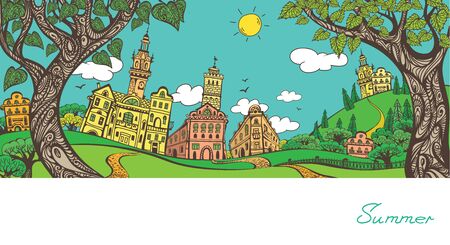 Vector illustration. Summer town. Graphic drawing by hand. Decorative card.のイラスト素材