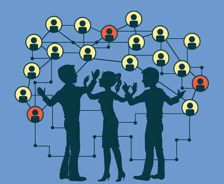 silhouettes of people on a background of the icons Social Media Circles. Network Illustration.のイラスト素材
