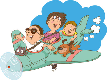 Cartoon family, flying on an airplane. Everyone is happy and cheerful.のイラスト素材