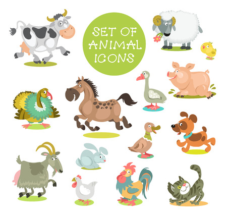 Collection of cute cartoon animals. Set of icons pets. Hand drawn. Isolated on a white background.のイラスト素材