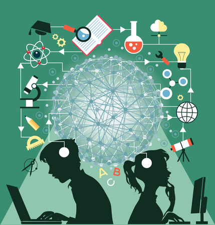 The concept of education. Icons education. Online education, Silhouettes of boy and girl  involved in the computers in an environment of education icons.のイラスト素材
